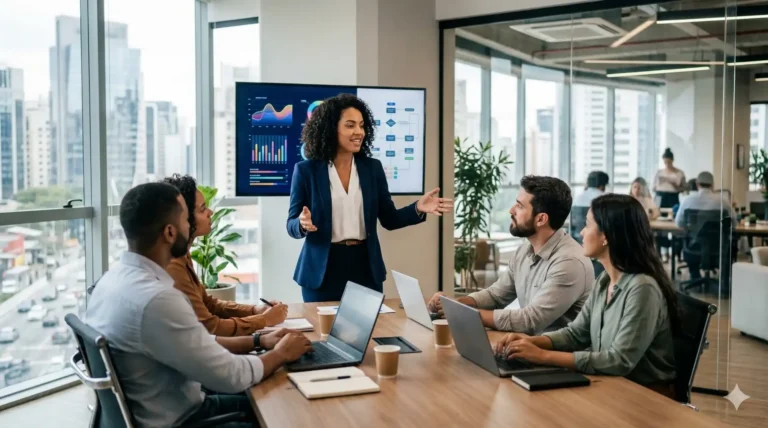 Profissional apresentando estratégias e dicas para se destacar no mercado de trabalho em reunião de negócios moderna.