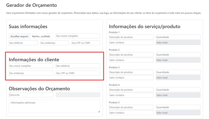 orçamento em PDF - Gerador de Orçamento online