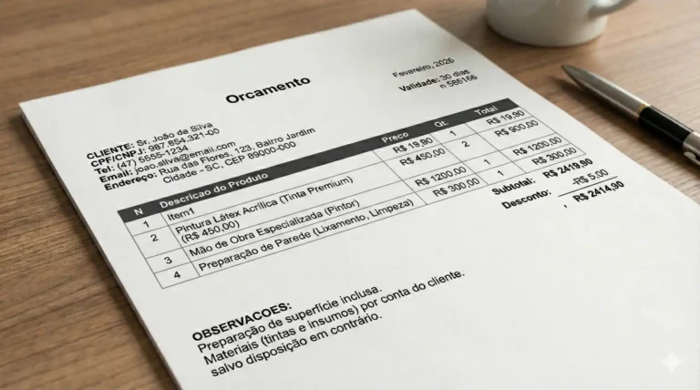 Modelo de Orçamento de Prestação de Serviços de Pintura com detalhes de itens, valores e condições para contratação de pintura de paredes.