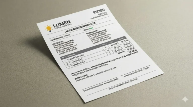 Imagem de um recibo gerado, mostrando detalhes de compra como produtos e serviços, enfatizando a facilidade de usar um gerador de recibo online grátis.