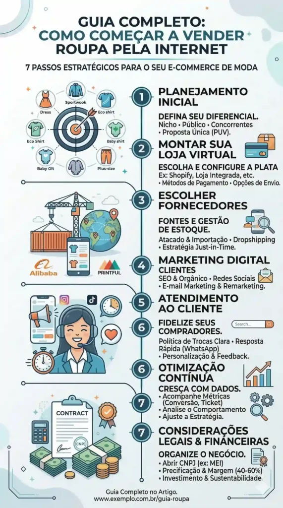 Infográfico com passos estratégicos para vender roupa pela internet, incluindo planejamento, loja virtual, fornecedores, marketing digital, atendimento ao cliente, fidelização, otimização contínua e considerações legais e financeiras.