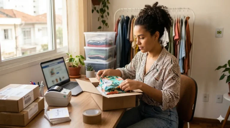 Mulher organizando roupas em caixa para vender pela internet, ambiente de trabalho com computador e roupas bem organizado, ideal para quem quer aprender como vender roupa pela internet.