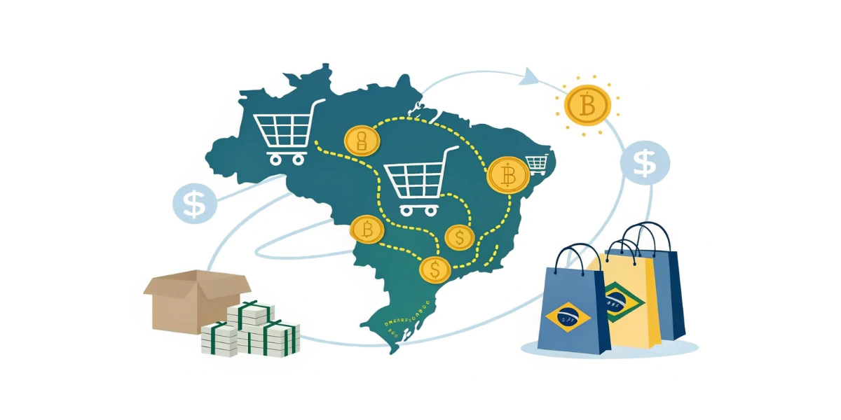 Arte digital ilustrando o crescimento do e-commerce no Brasil com ícones de carrinhos de compras e moedas, simbolizando a economia local. Sacolas com bandeiras representam a queda nas compras internacionais.