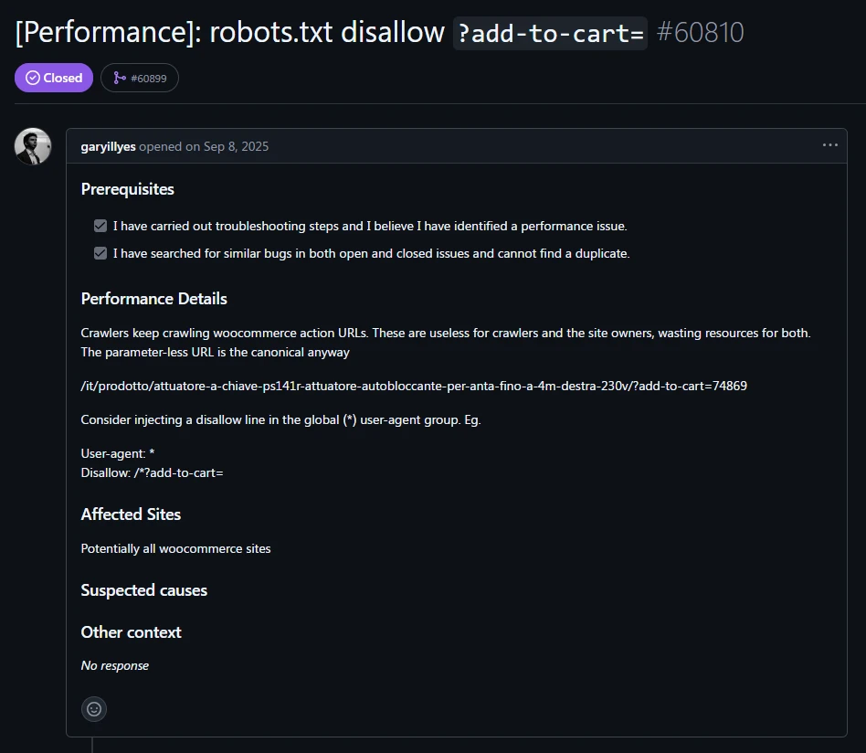 Imagem de captura de tela mostrando uma discussão técnica sobre o bloqueio de robots.txt para impedir o rastreamento de URLs de ações do WooCommerce, com detalhes sobre configurações de desempenho e sites afetados.