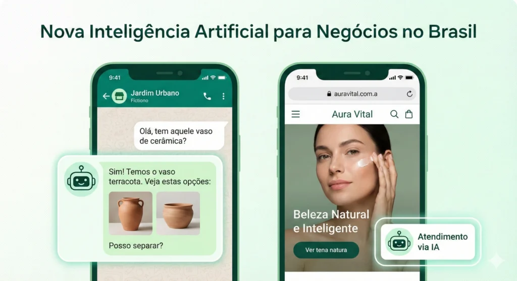 Imagem ilustrativa sobre a IA do WhatsApp Business apresentando funcionalidades de inteligência artificial na comunicação com clientes, demonstrando o lançamento para empresas no Brasil