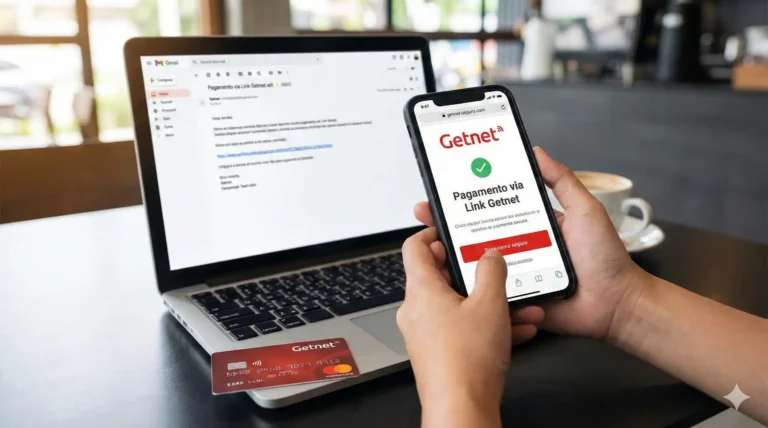 Pessoa realizando pagamento via Link de Pagamento Getnet em celular, com laptop ao fundo, destacando o aumento de 21% no comércio eletrônico em 2025.