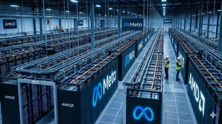 Data center da Meta com racks de servidores, destacando o acordo histórico de 6GW com AMD para a nova era da inteligência artificial, rompendo exclusividade com NVIDIA.