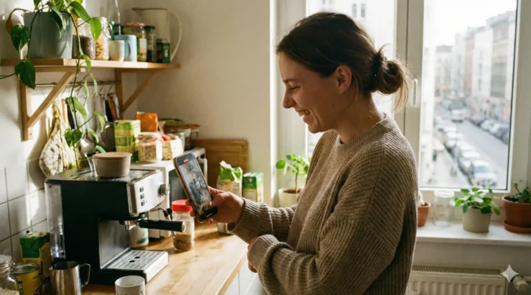 Mulher sorridente usando smartphone na cozinha, representando o novo ouro das marcas na era digital, com foco em marketing digital e presença online.