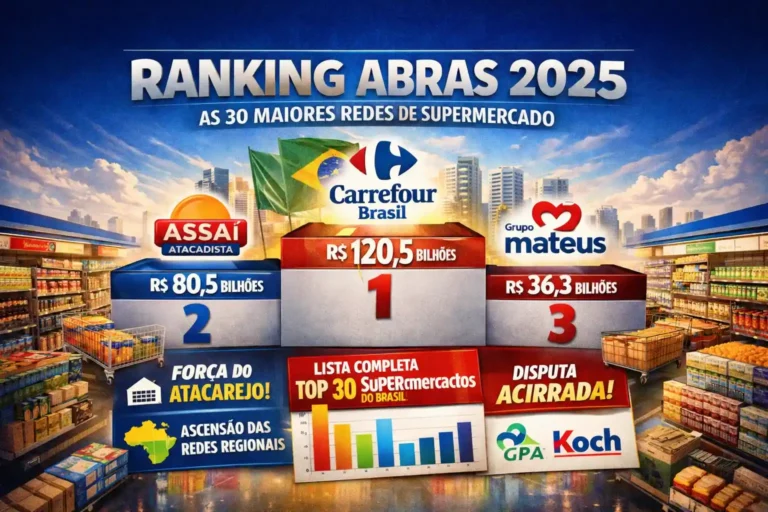 Ranking das 30 maiores redes de mercado do Brasil em 2025, com Carrefour liderando, seguido pelo Assaí e Grupo Mateus. Previsões para 2026 destacam crescimento e posicionamento na lista das maiores redes de supermercado do Brasil.