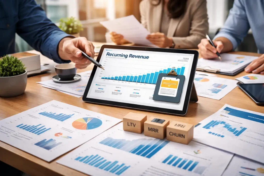 Reunião de equipe analisando dados financeiros e gráficos de receita recorrente em uma mesa de escritório.