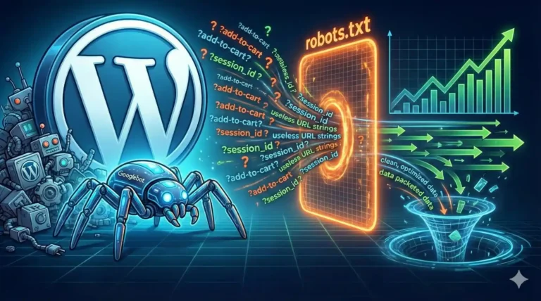 Imagem ilustrativa sobre segurança de dados e proteção de sites WordPress, mostrando robôs, códigos de sessão e gráficos de desempenho digital.