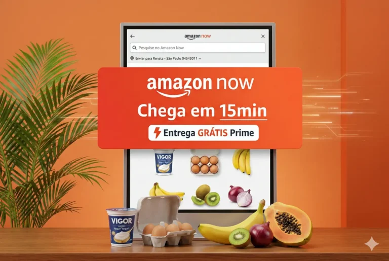 Imagem promocional do Amazon Now no Brasil, destacando entrega em 15 minutos e frete grátis para assinantes Prime, com frutas, ovos e produtos no celular.