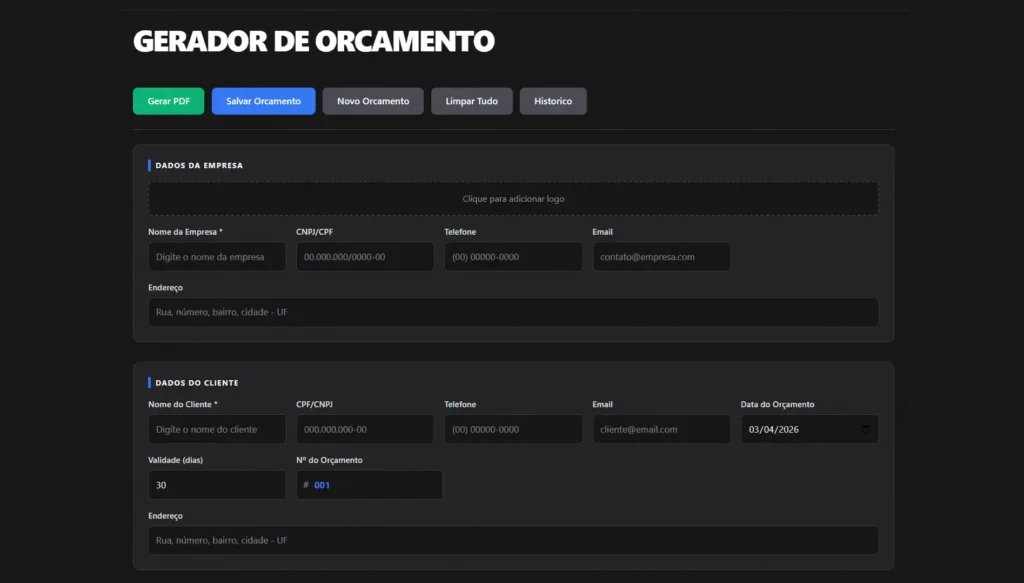 Tela de um gerador de orçamento online com opções para criar, editar e salvar orçamentos de forma rápida e eficiente, ideal para empresas.