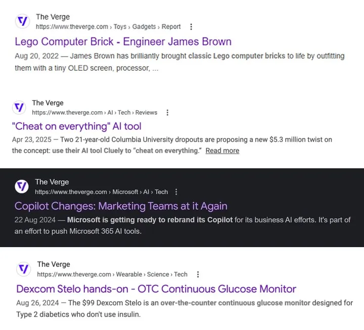 Captura de tela da reportagem do The Verge que revela teste do Google com IA para alterar títulos na SERP