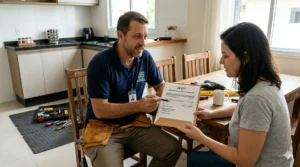 Profissional entregando orçamento de serviço profissional para cliente em ambiente doméstico, garantindo transparência e confiabilidade no procedimento.