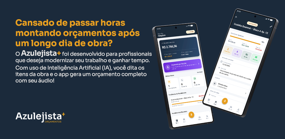 Imagem promocional do app Azulejista+ com layout em celulares mostrando telas de orçamento, valores e opções de itens, destacando modernização do trabalho de azulejista.